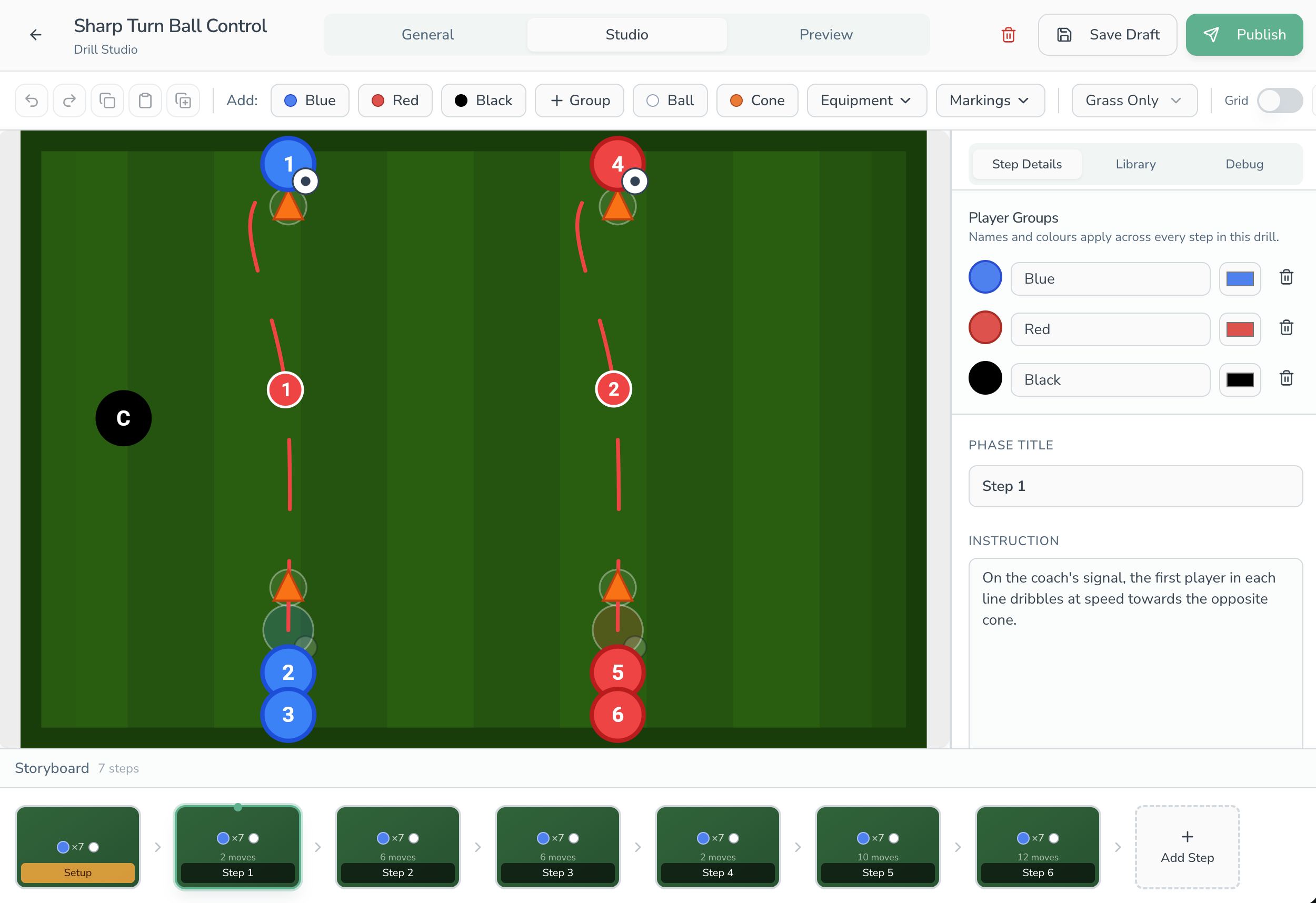 Drill Studio editor showing a pitch canvas, player groups, equipment controls, and storyboard steps.